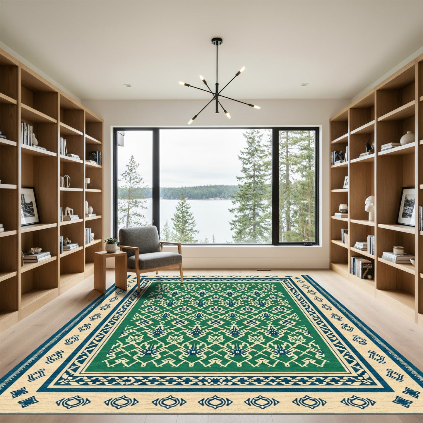 Emerald Blue Geometric Lattice Medallion Rug
