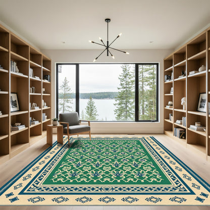 Emerald Blue Geometric Lattice Medallion Rug