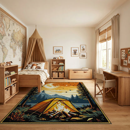 Retro Moonlit Campfire Tent Forest Rug