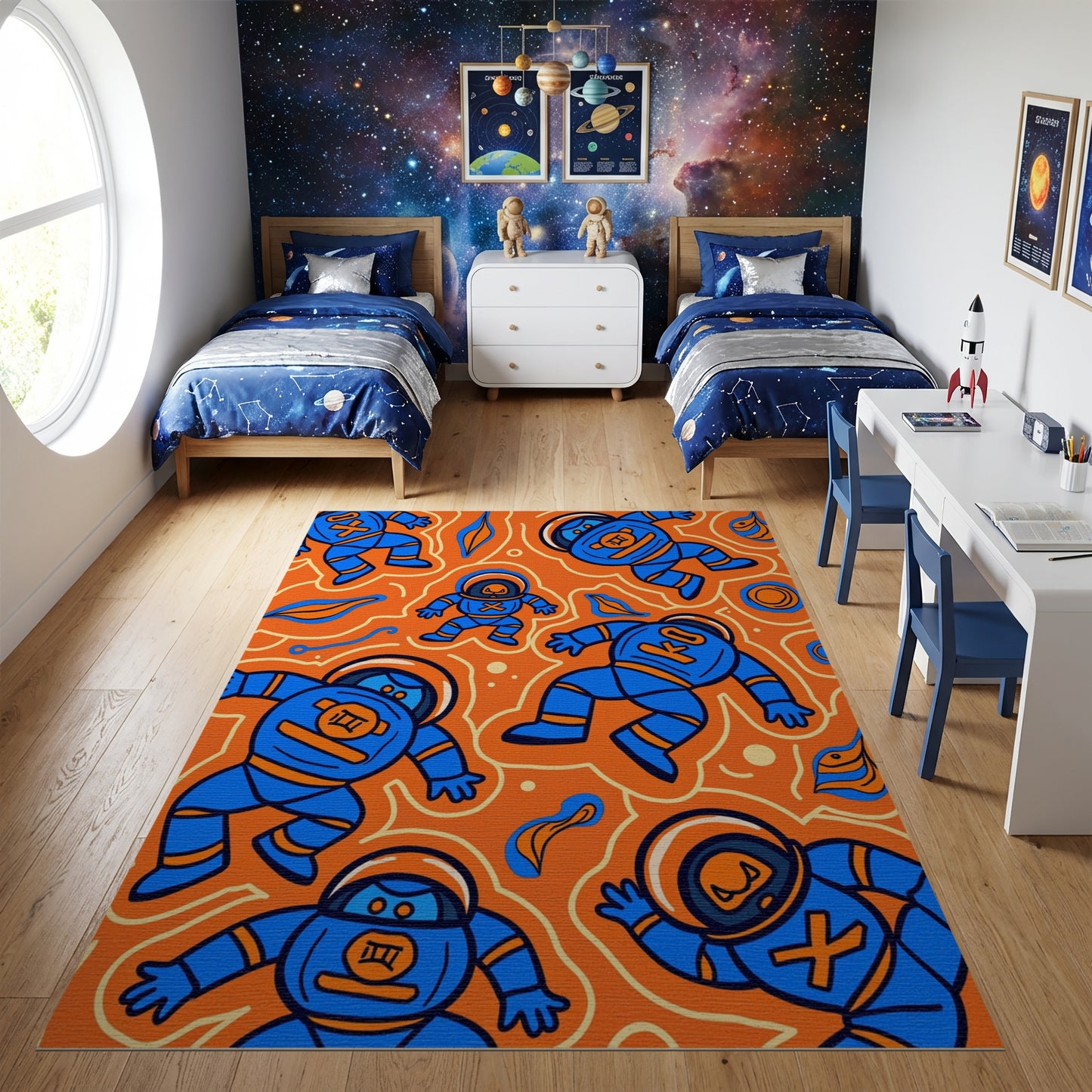 Playful Blue Astronauts Vibrant Orange Rug