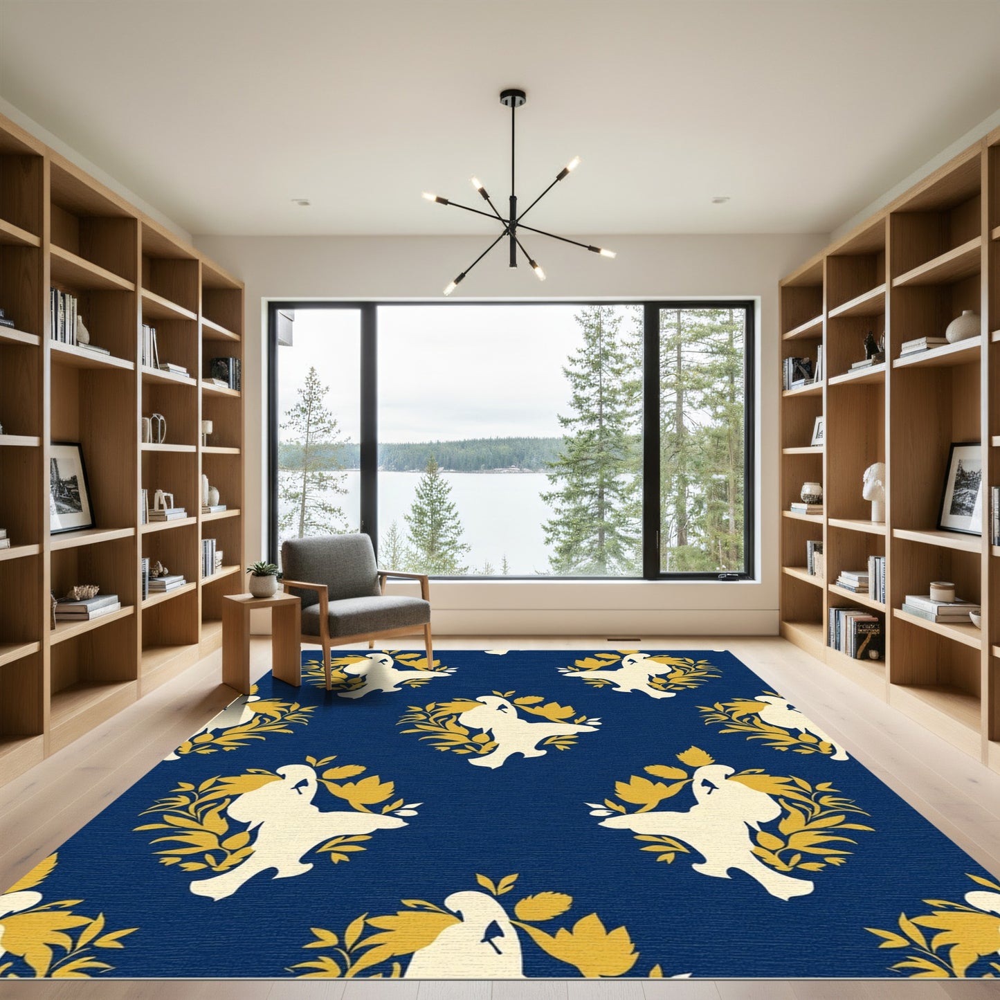 Navy Cream Floral Silhouette medallion Rug
