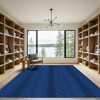 Deep Blue Ribbed Vertical Stripes Rug