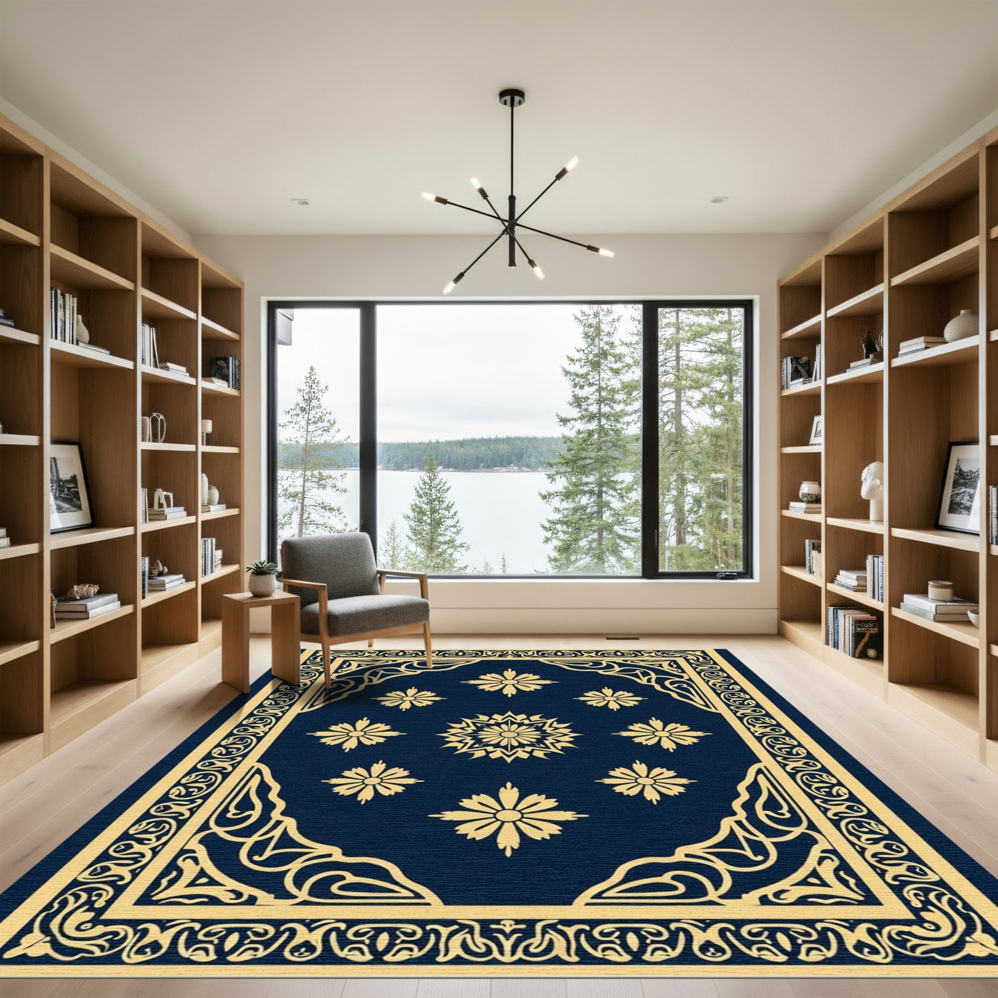 Deep Blue Gold Floral Medallion Rug