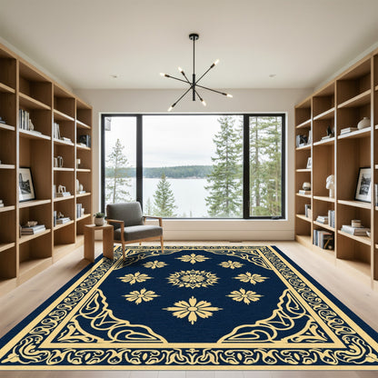 Deep Blue Gold Floral Medallion Rug