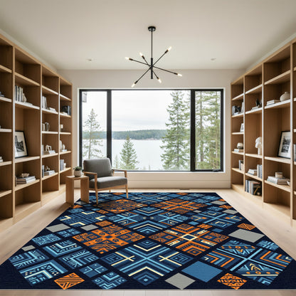 Geometric Navy and Amber Mosaic Tile Rug