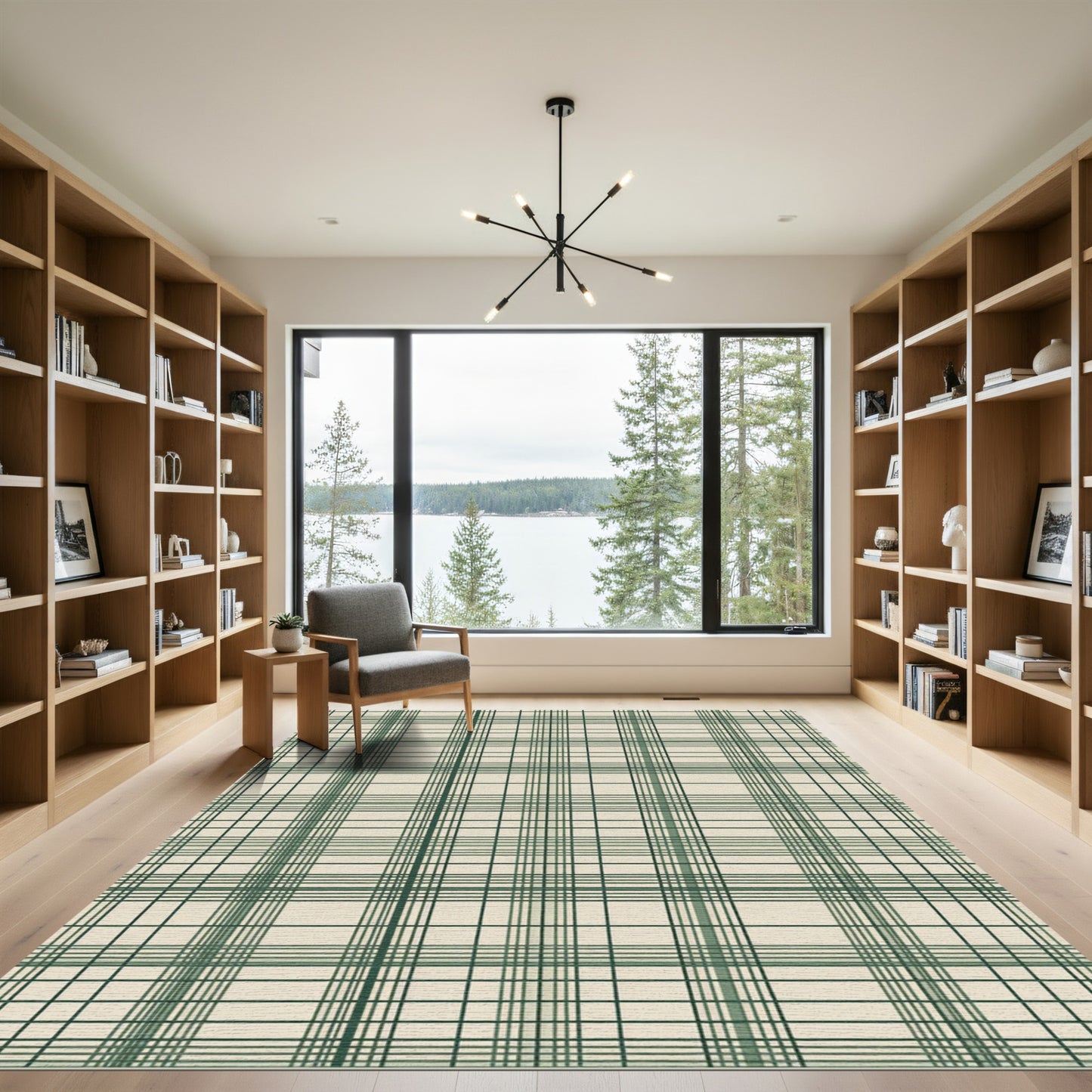 Forest Green Minimalist Grid Plaid Rug