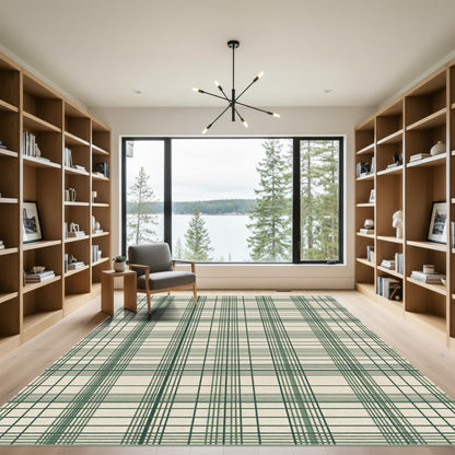 Forest Green Minimalist Grid Plaid Rug