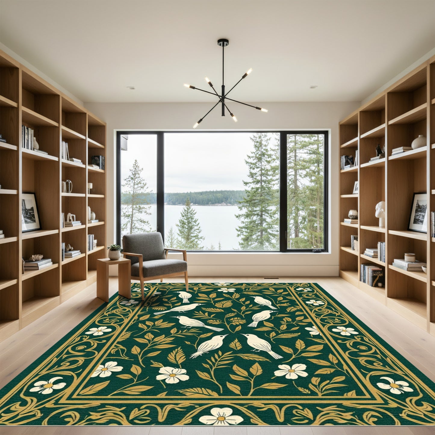 Emerald Green White Bird Floral Border Rug