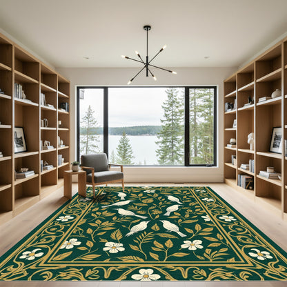 Emerald Green White Bird Floral Border Rug