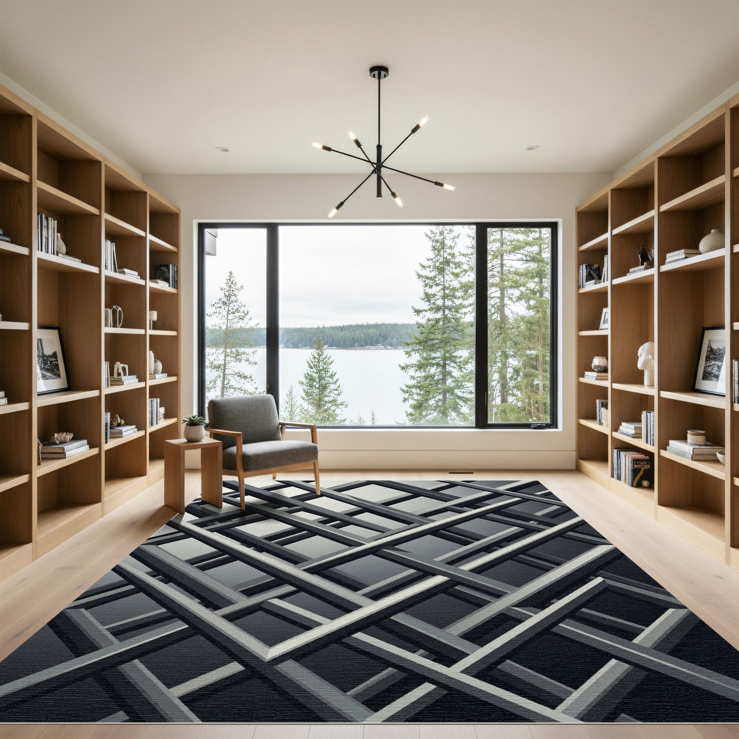 Monochromatic Gray Abstract Intersecting Grid Rug