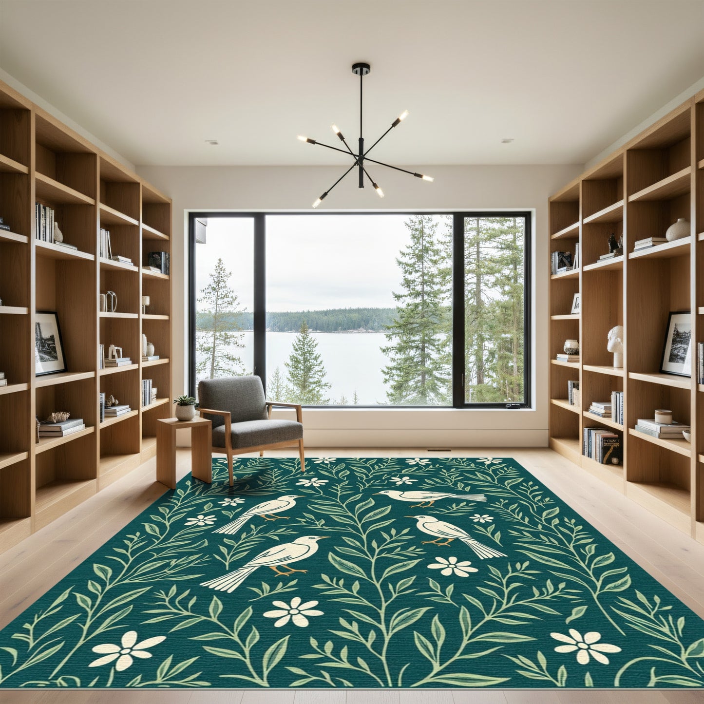 White Birds Floral Garden Teal Rug