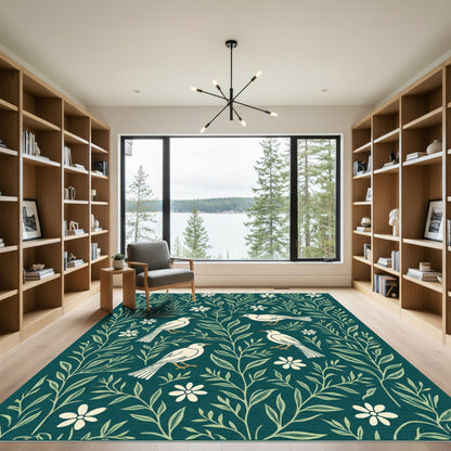 White Birds Floral Garden Teal Rug