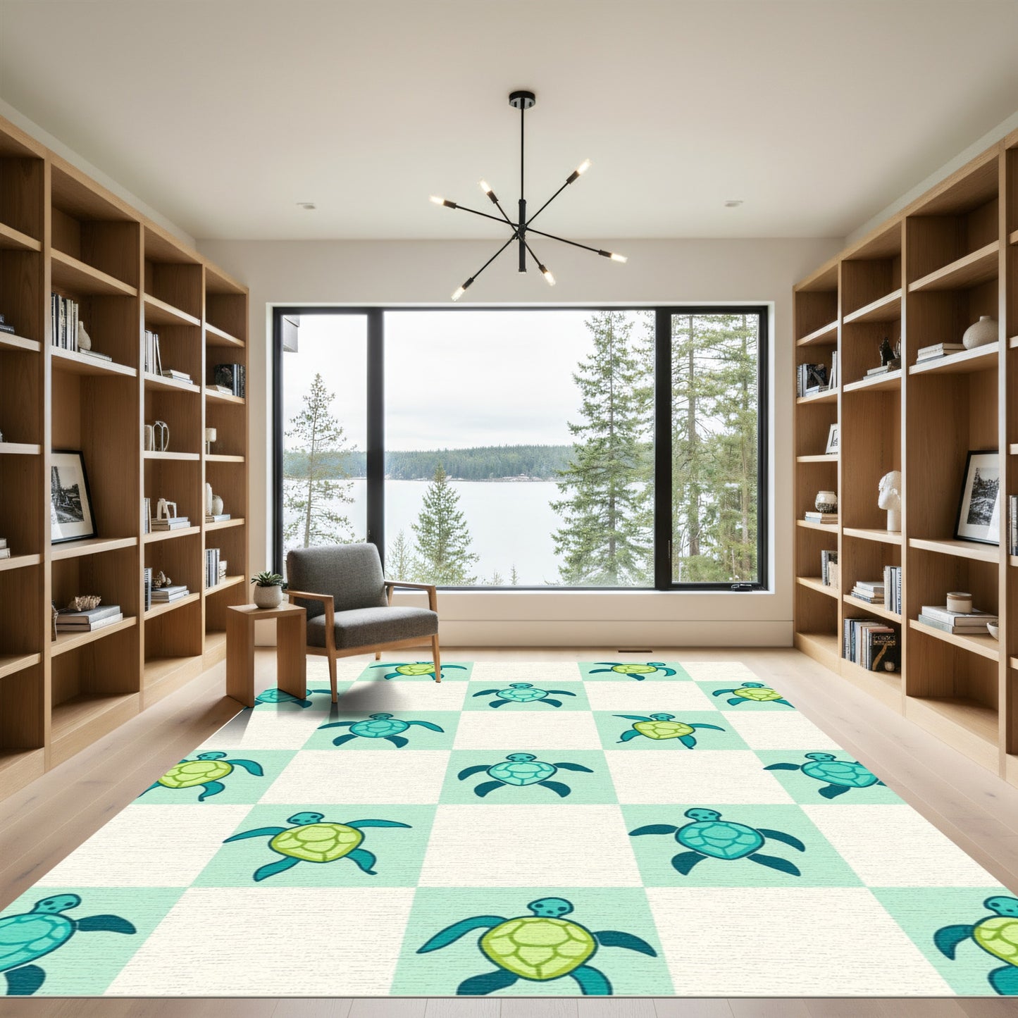 Playful Aqua Blue Turtle Checkered Rug