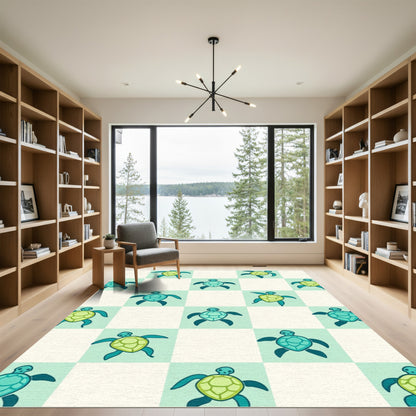 Playful Aqua Blue Turtle Checkered Rug
