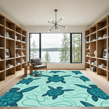 Teal Sea Turtle Waves Rug