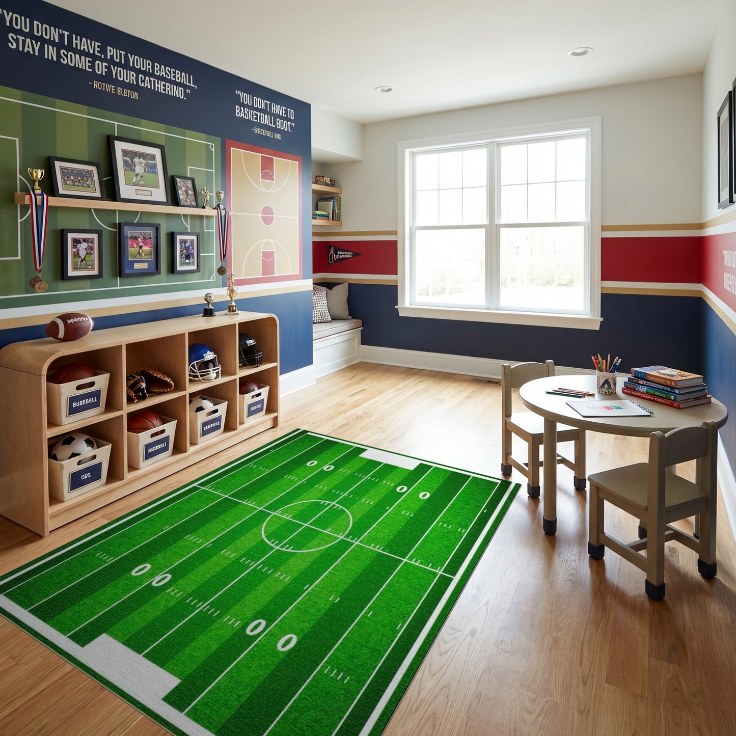 Vibrant Green Football Field Rug
