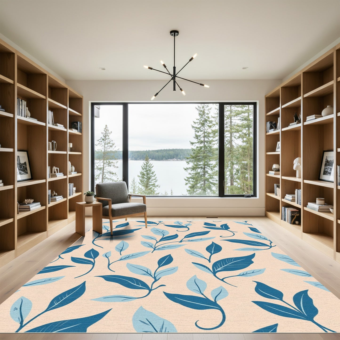 Navy Blue Leafy Branch Watercolor Rug