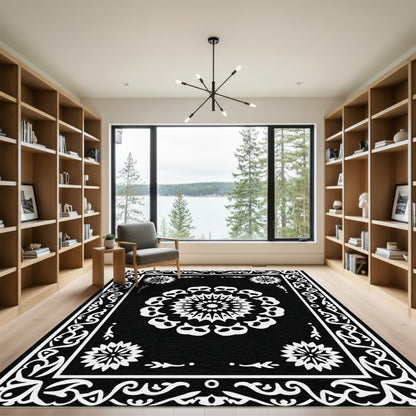 Black White Skulls Medallion Border Rug