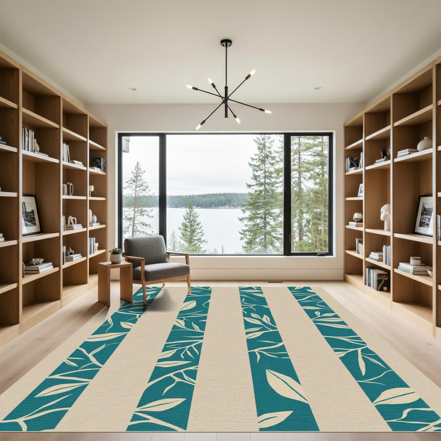 Teal Beige Leaf Branch Stripe Rug