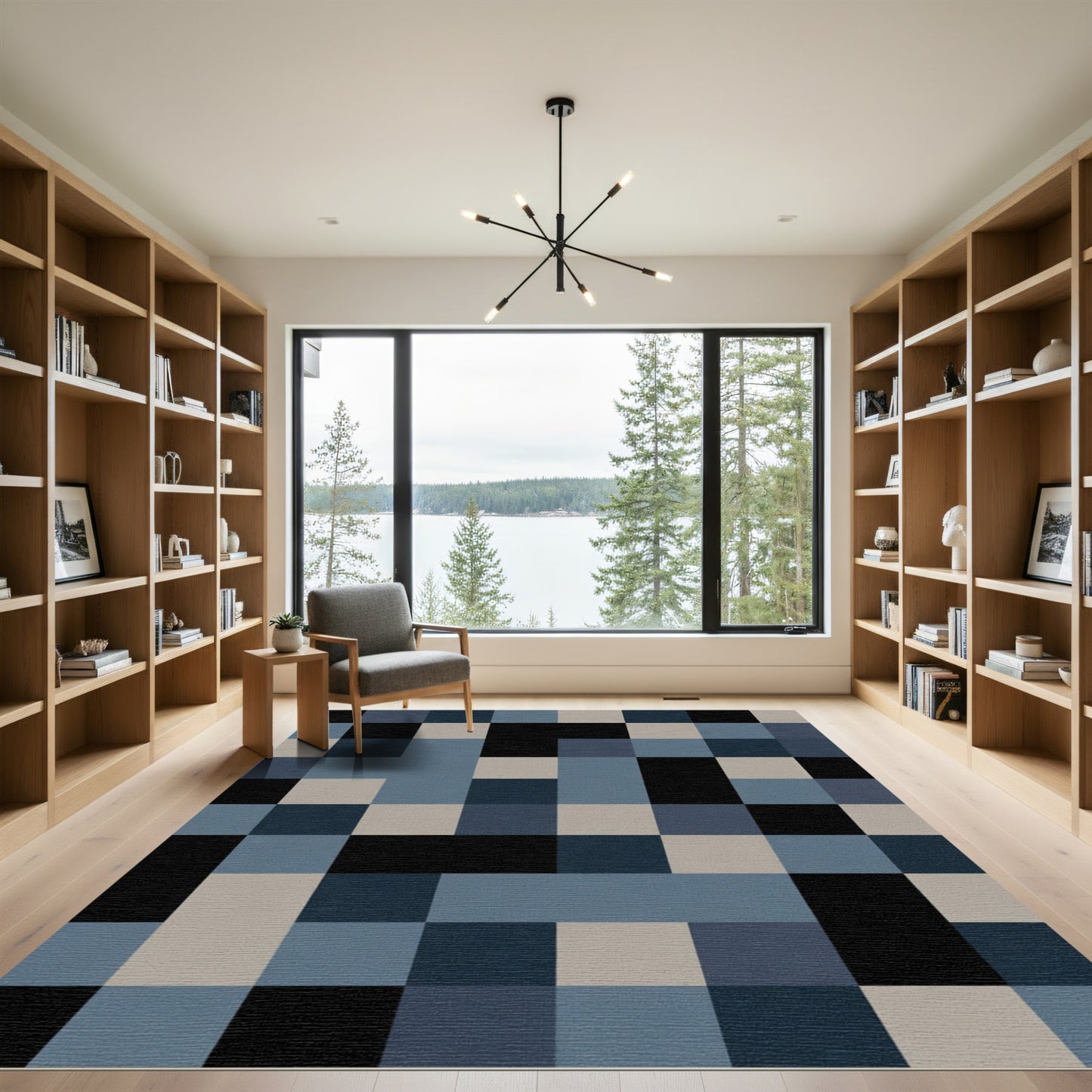 Minimalist Black Blue Square Grid Rug
