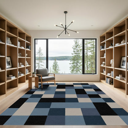 Minimalist Black Blue Square Grid Rug