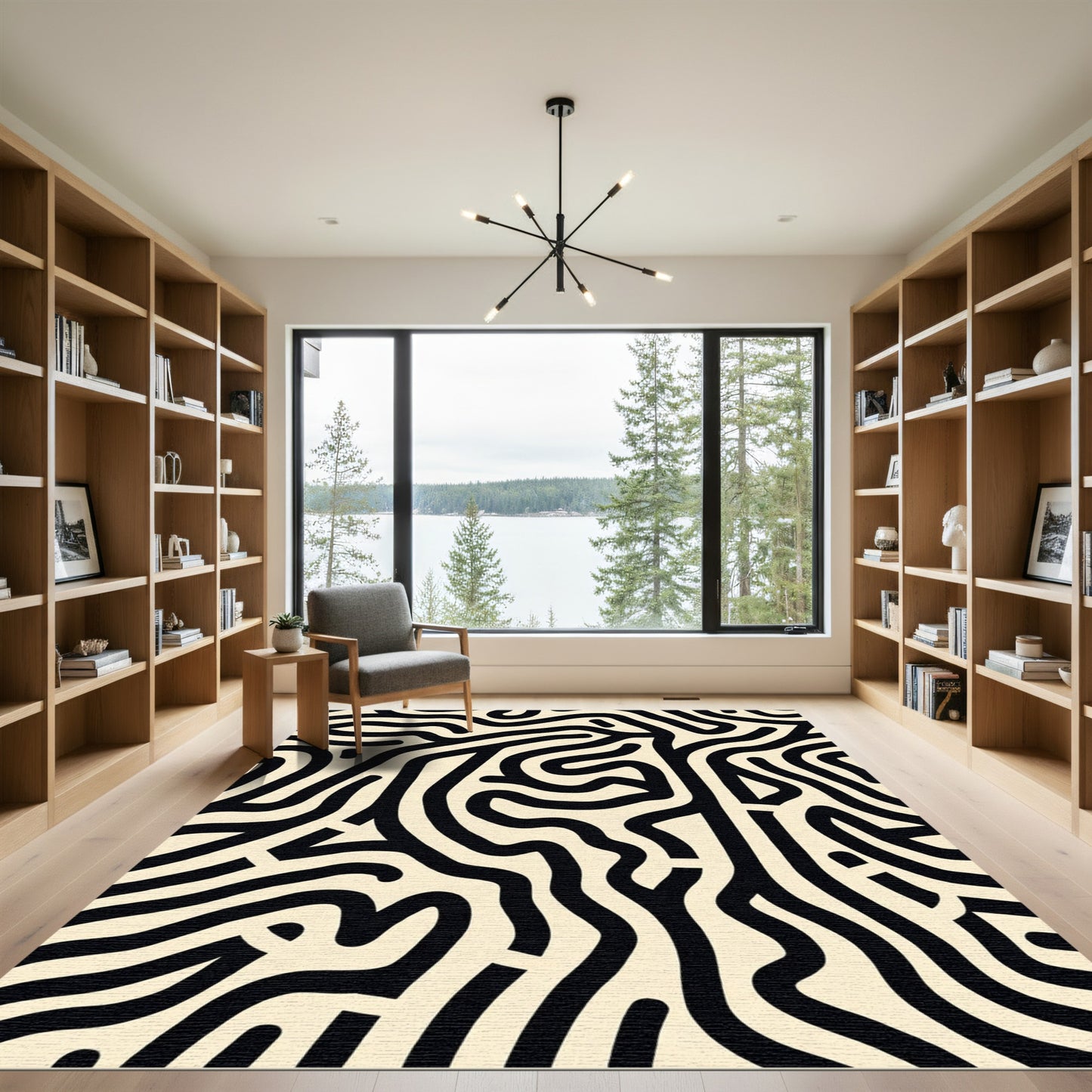 Abstract Black Cream Maze Lines Rug