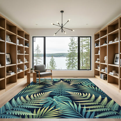 Teal Emerald Fern Leaf Pattern Rug