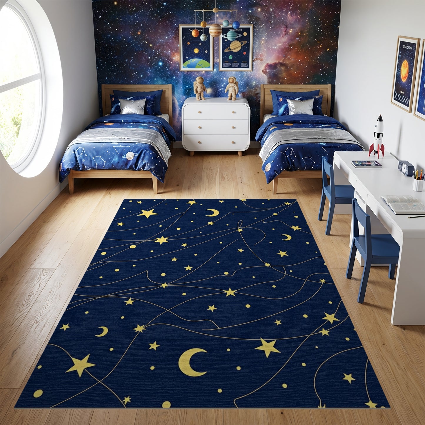 Navy Gold Stars Crescent Moons Rug
