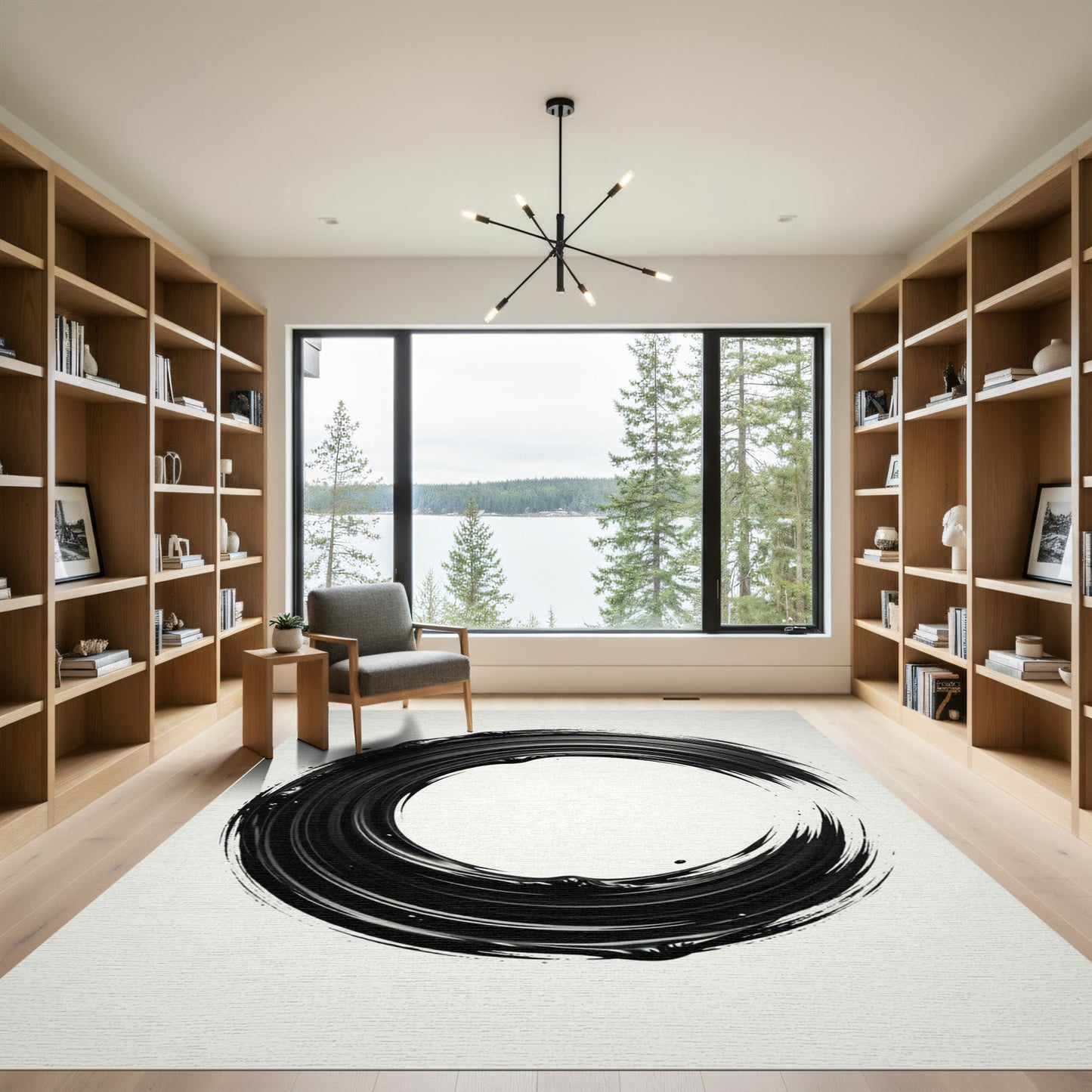 Bold Black Brushstroke Circle Rug