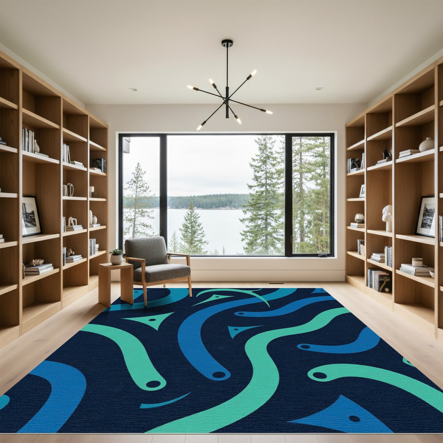 Aqua Blue Fluid Curve Shapes Rug