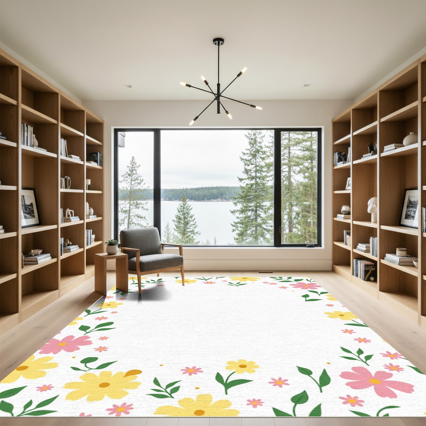 Pink Yellow Floral Border Accent Rug