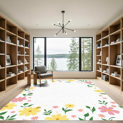 Pink Yellow Floral Border Accent Rug
