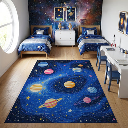 Vibrant Cosmic Planets Rings Stars Rug
