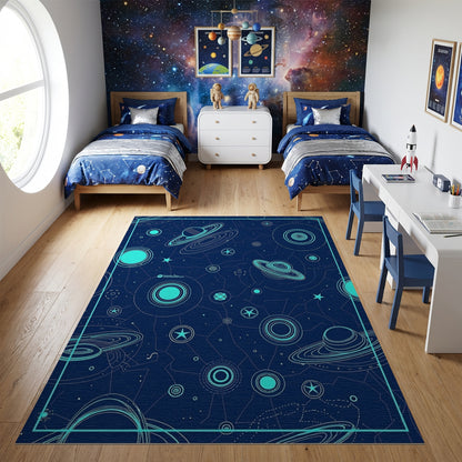 Navy Cyan Planets Rings Stars Rug