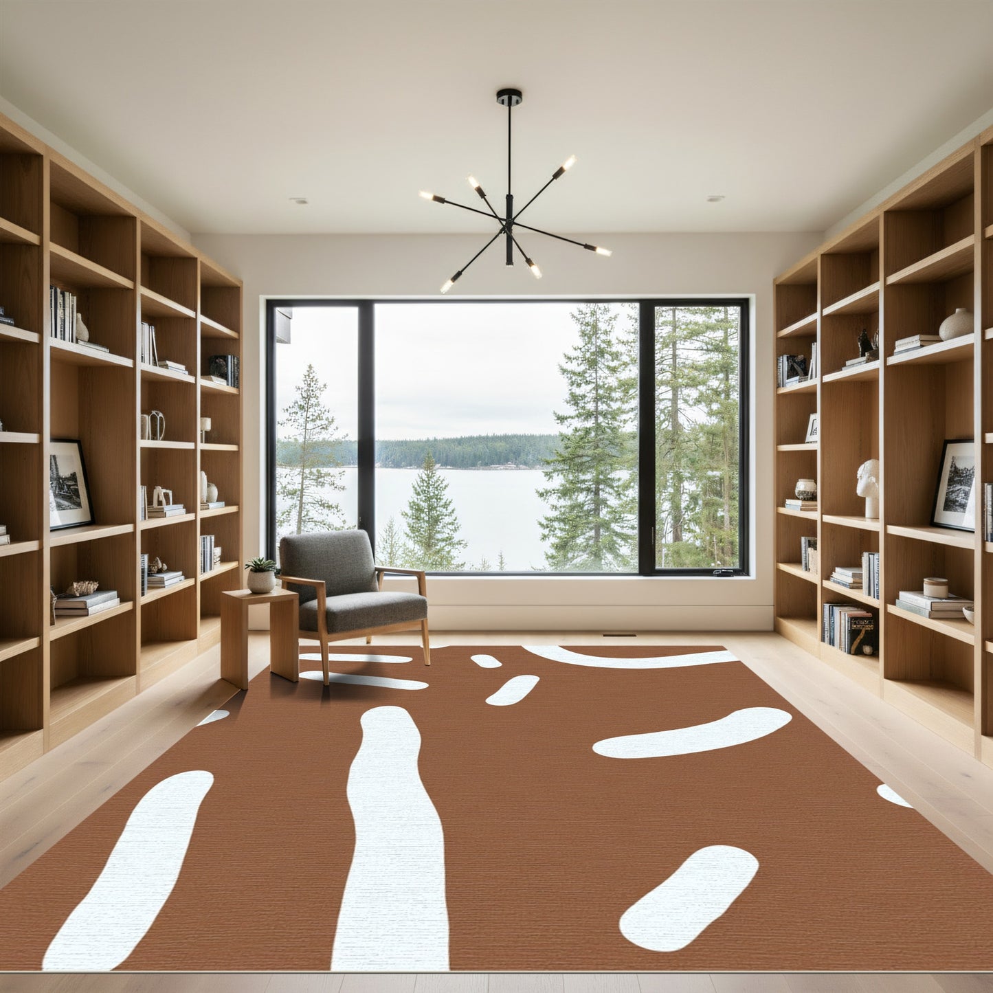 Brown White Abstract Blob Rug