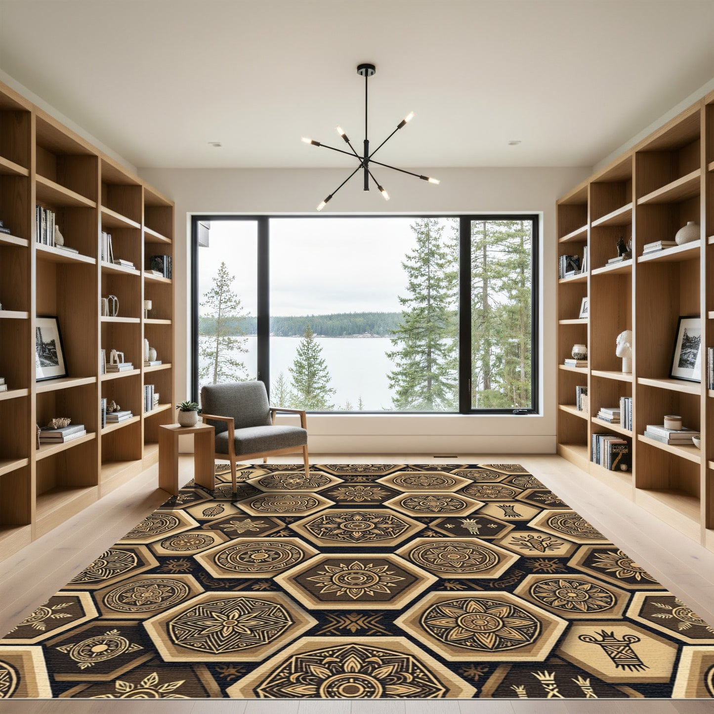 Golden Hexagon Medallion Geometric Art Rug