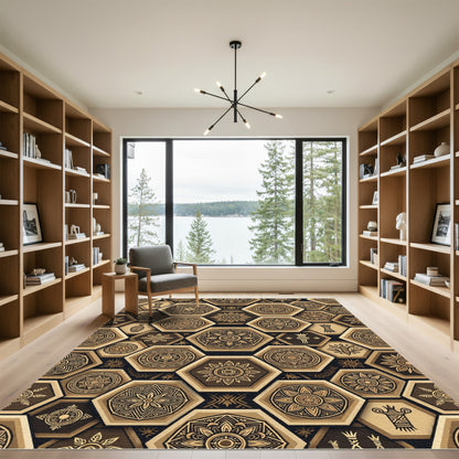 Golden Hexagon Medallion Geometric Art Rug
