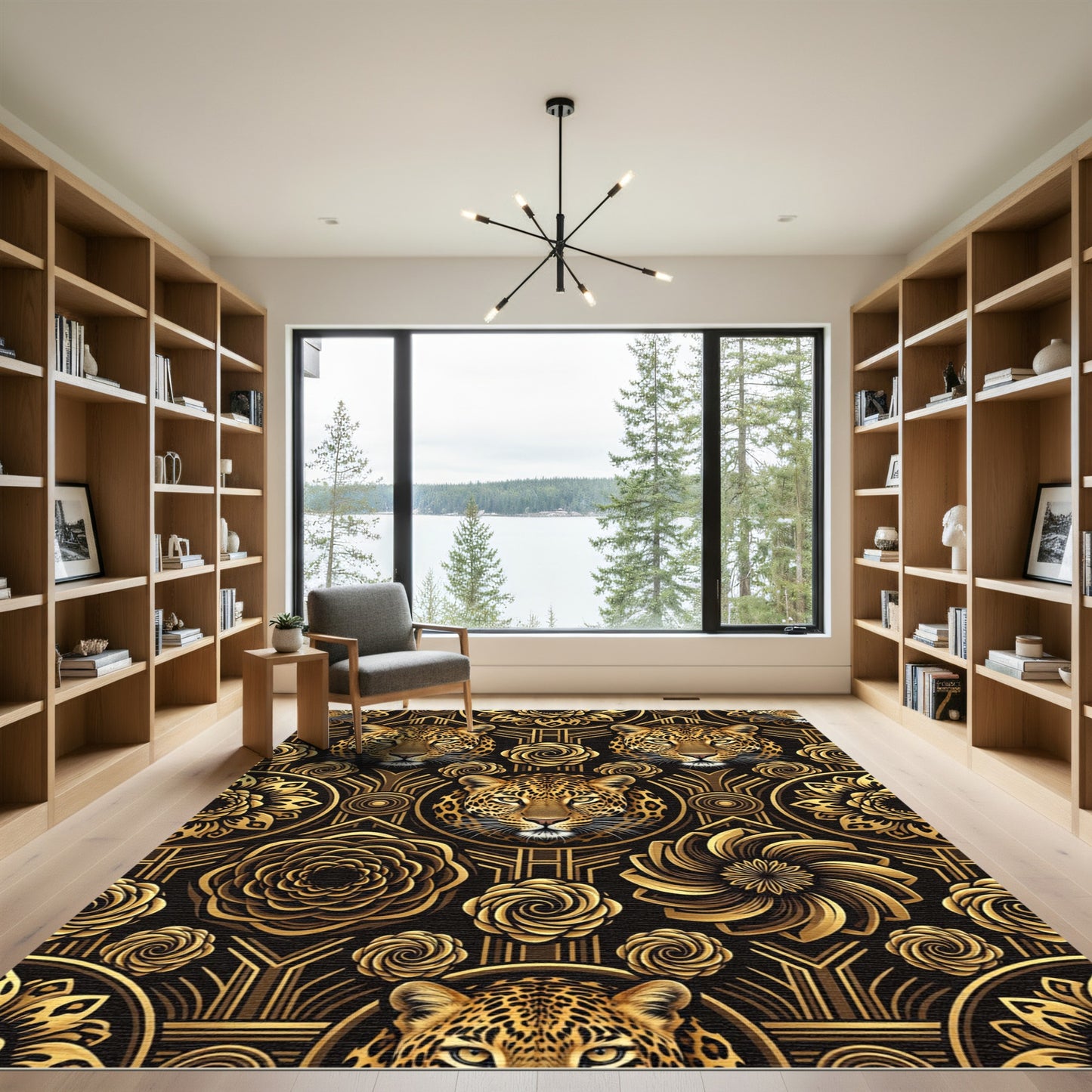 Golden Leopard Art Deco Rose Medallion Rug