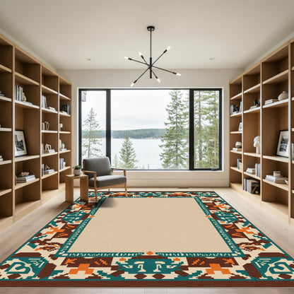 Brown Teal Orange Geometric Border Rug