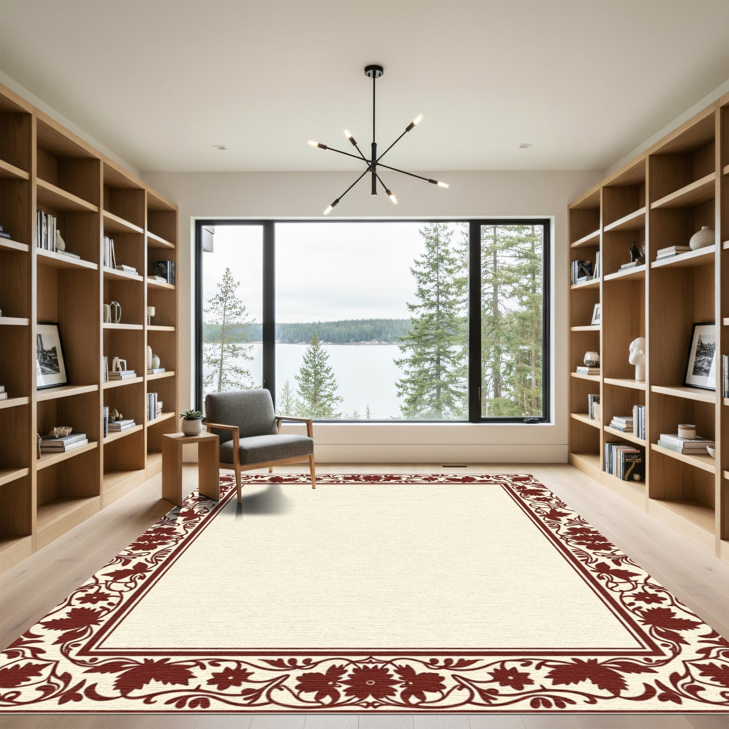 Embroidered Crimson Vine Floral Border Rug