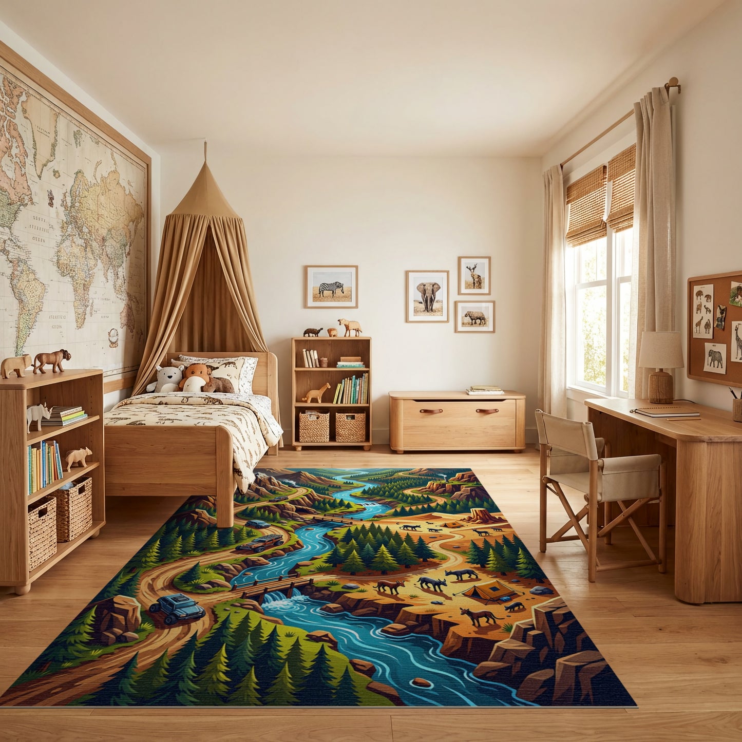 Vibrant Winding River Mountain Forest Rug