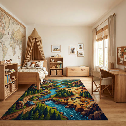 Vibrant Winding River Mountain Forest Rug