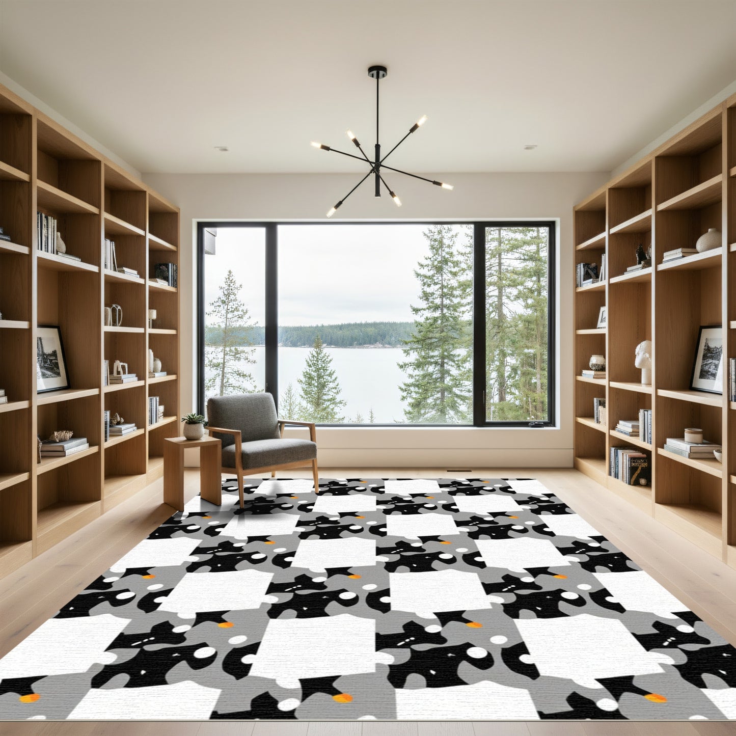 Modern Geometric Black White Gray Swirl Rug