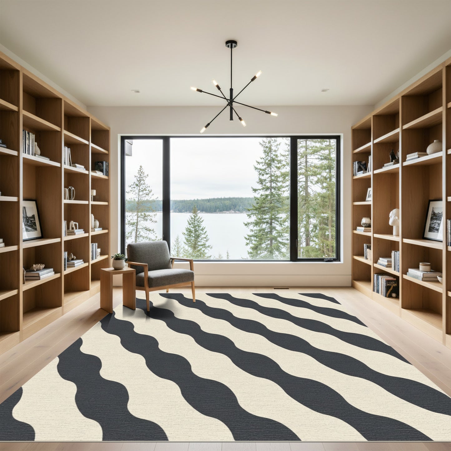 Dark Gray Cream Diagonal Wave Stripes Rug