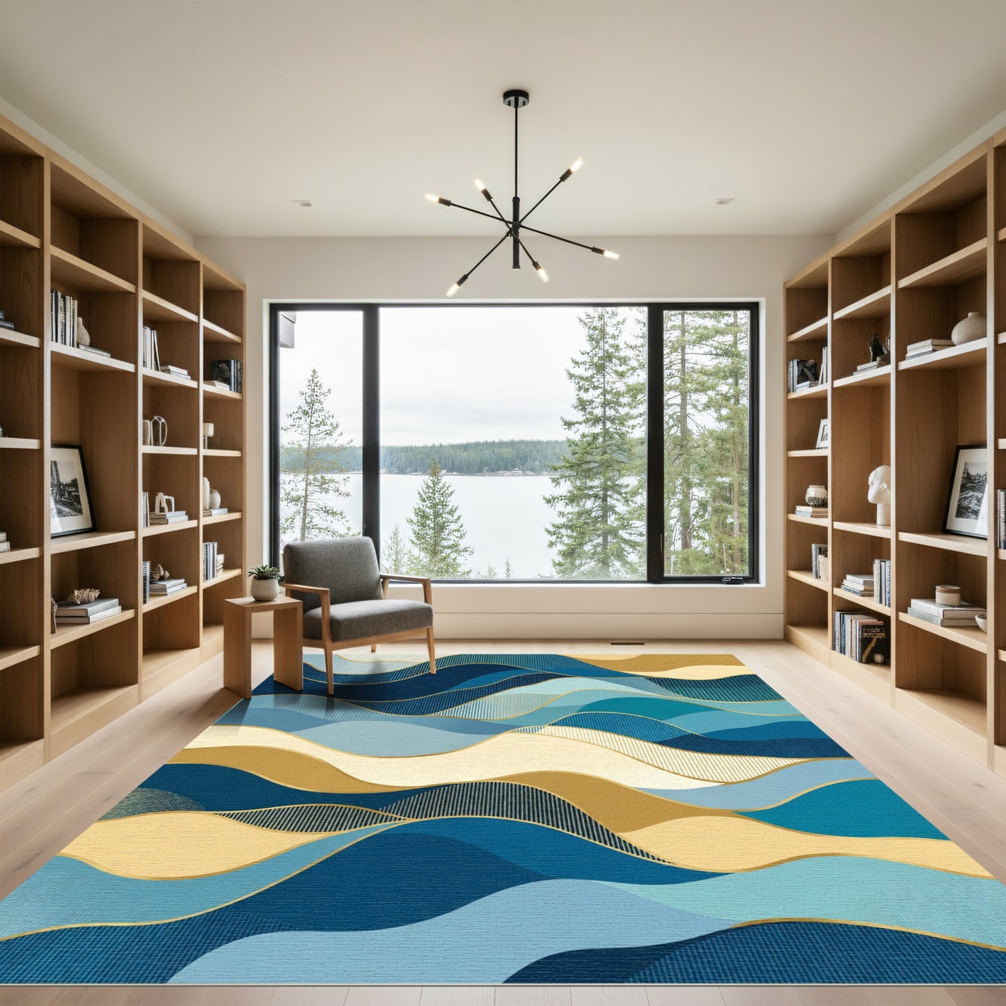 Deep Blue Golden Wave Abstraction Rug