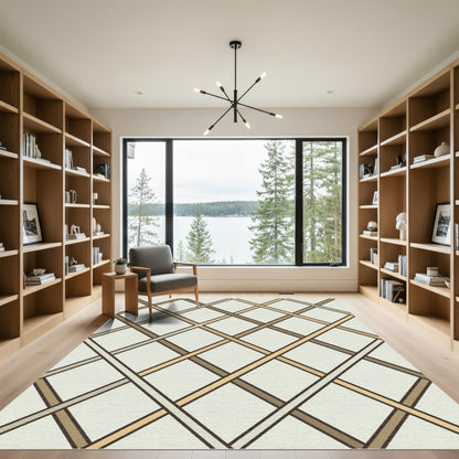 Neutral Cream and Gold Lattice Grid Rug