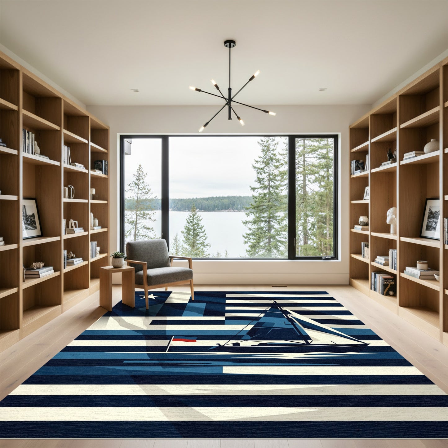 Nautical Blue Sailboat Stripes Rug