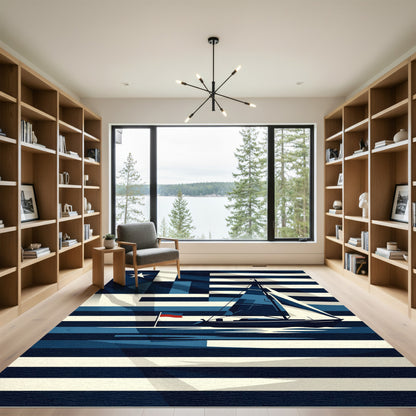 Nautical Blue Sailboat Stripes Rug