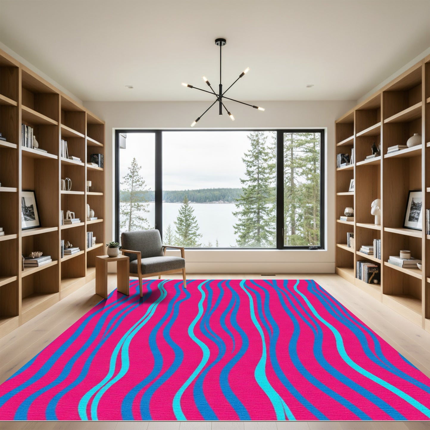 Vibrant Pink Blue Wavy Stripes Rug