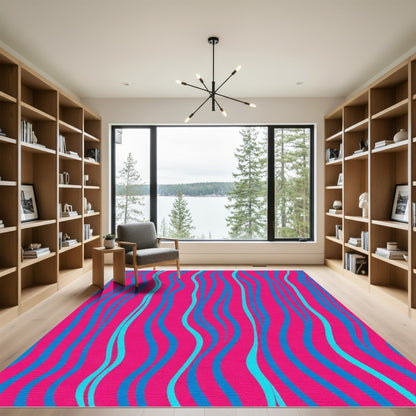 Vibrant Pink Blue Wavy Stripes Rug
